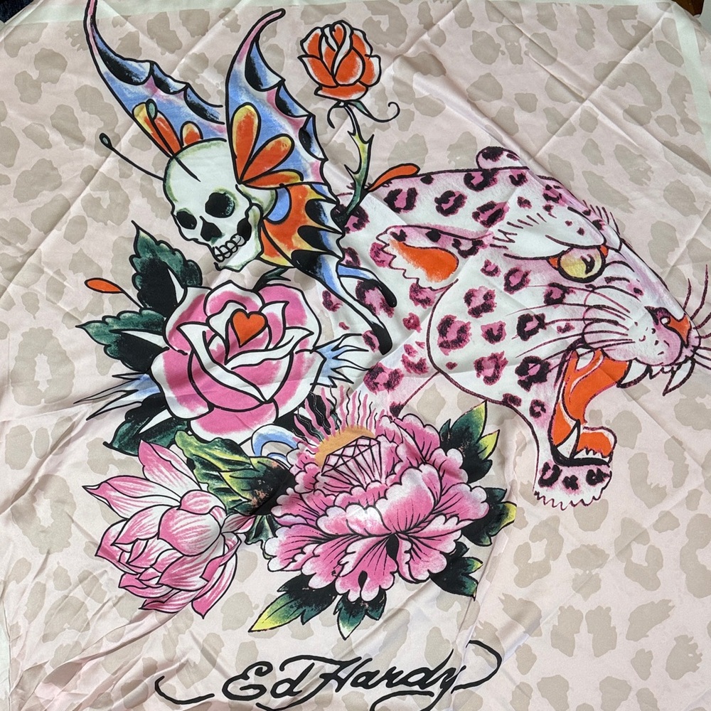 Ed Hardy Pink Leopard & Multicolor Floral Skull Scarf